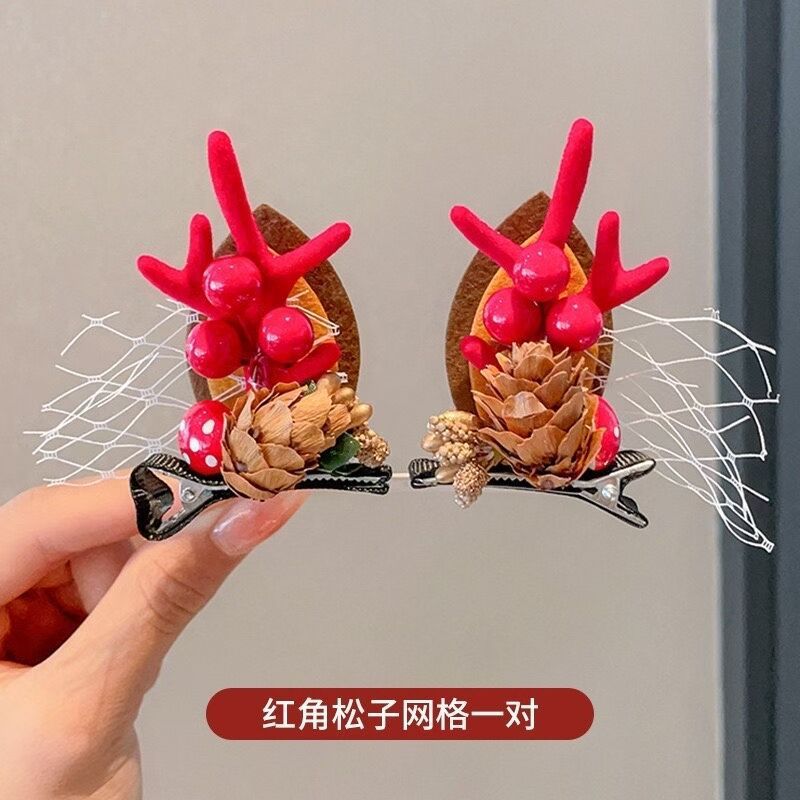 新款圣诞节麋鹿发夹甜美可爱鹿角发卡儿童头饰氛围感边夹女顶夹子|undefined