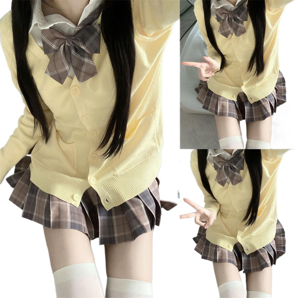 JK 유니폼 가을과 겨울 세트 체크 무늬 스커트 셔츠 긴 소매 스웨터 카디건 대학 스타일 학교