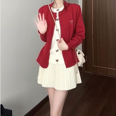 一整套入秋ootd穿搭独特好看红色假两件针织毛衣半身裙两件套装