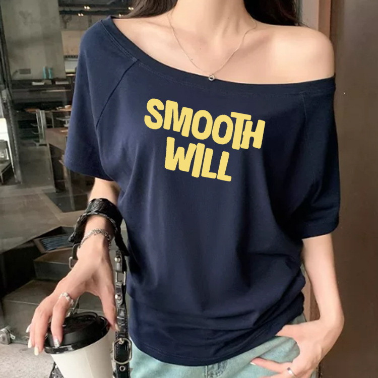 Navy Blue Off-Shoulder Short-Sleeve T-Shirt for Women, New Summer Style with Letter Print, Casual Loose Fit, One-Shoulder Top