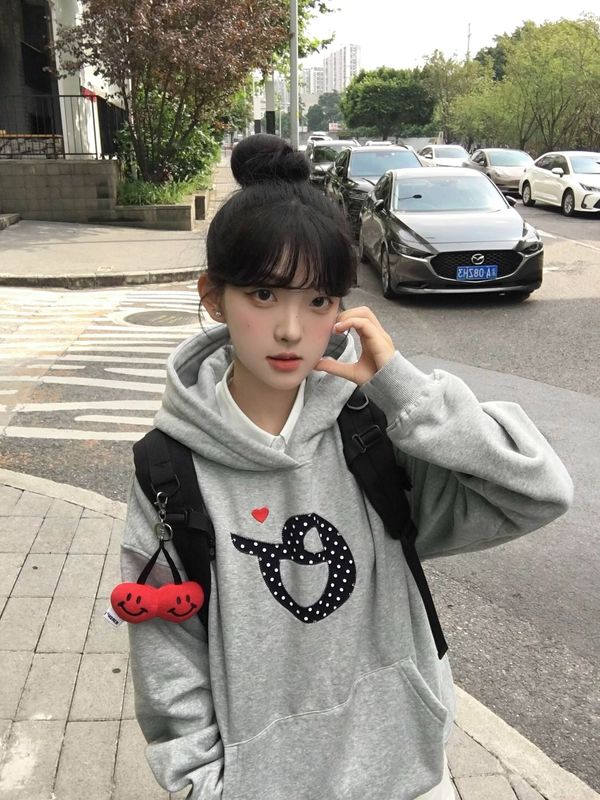 美式简约字母贴布刺绣灰色卫衣女2025秋冬季新款连帽宽松情侣外套|undefined