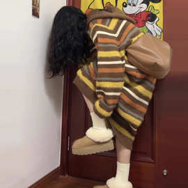 撞色条纹连帽卫衣连衣裙女秋季新款韩系直筒大码宽松长款毛衣长裙