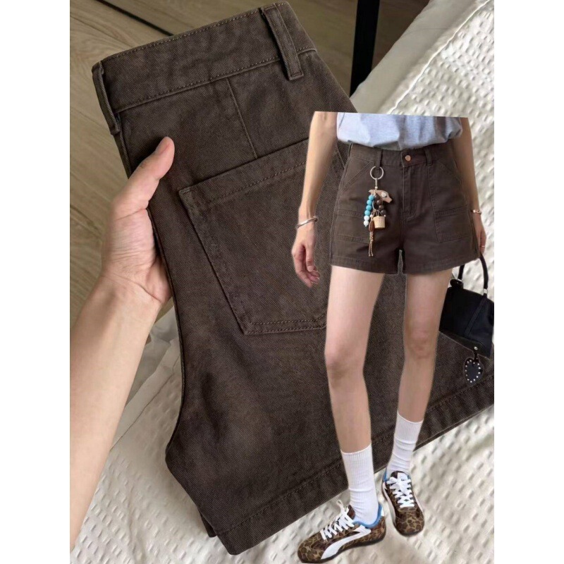 American Retro Brown Coffee-Colored Workwear Denim Shorts for Women 2026 Summer New High-Waisted Slimming Hot Girl A-Line Hot Pants