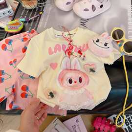 【粉色拉布布】夏季新款短袖T粉色拉布布立体玩偶袖口装女宝宝T