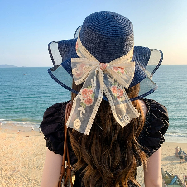 Wavy rose straw hat: Navy green