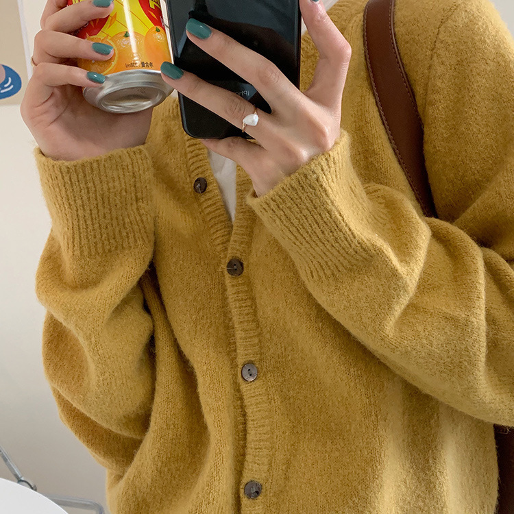 Autumn New Korean Style Round Neck Solid Color Knitted Sweater Mohair Cardigan Loose Outer Wear Button Sweater Coat Women