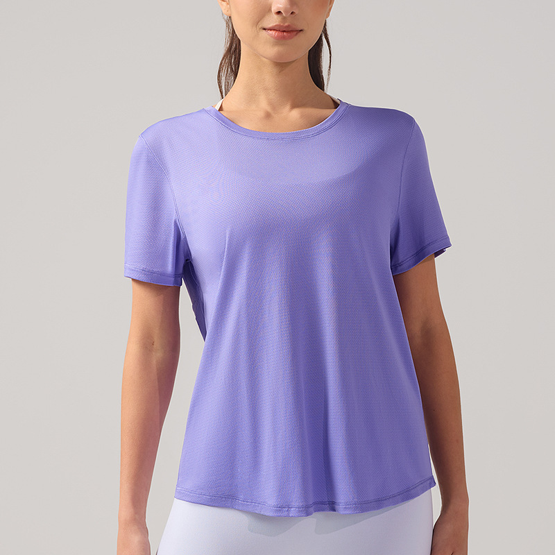 Verano fresco de mangas cortas mujeres transpirables ropa de yoga de espalda gorra de cuello redondo camiseta de correr de secado rápido camiseta de deporte agujero
