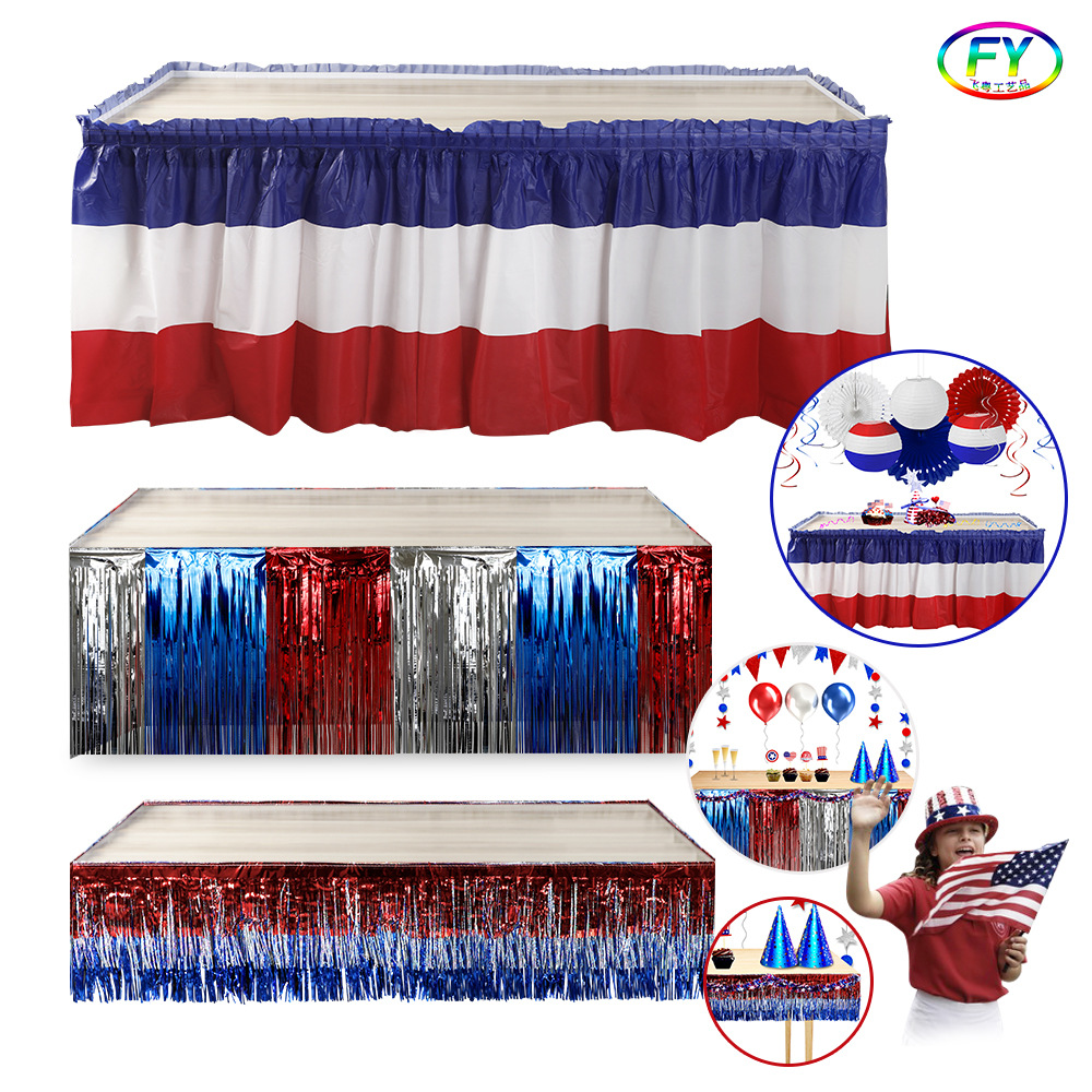 Independence Day Cross-border Holiday Supplies Red White Blue PEVA Waterproof Table Skirt Tassel Table Wai National Day Party Layout Props