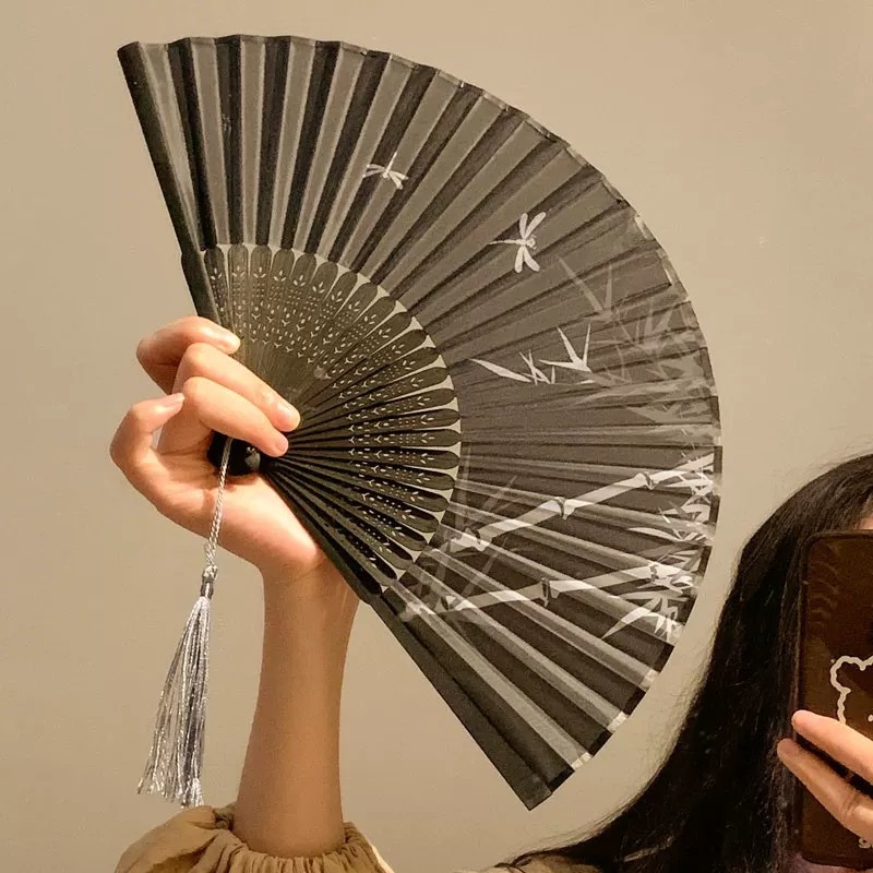 新型扇子古風絹織物扇風機中国風水墨蘭ハスの花梅の折り畳み扇新中国式折扇写真|undefined