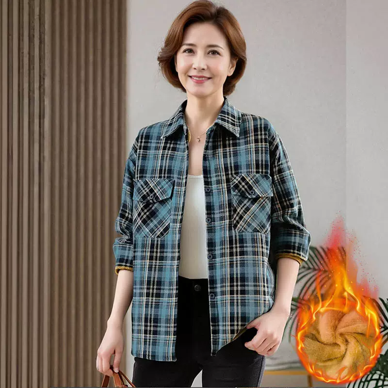 新款中年女士长袖格子衬衫加绒加厚宽松显瘦休闲气质厚款上衣外套