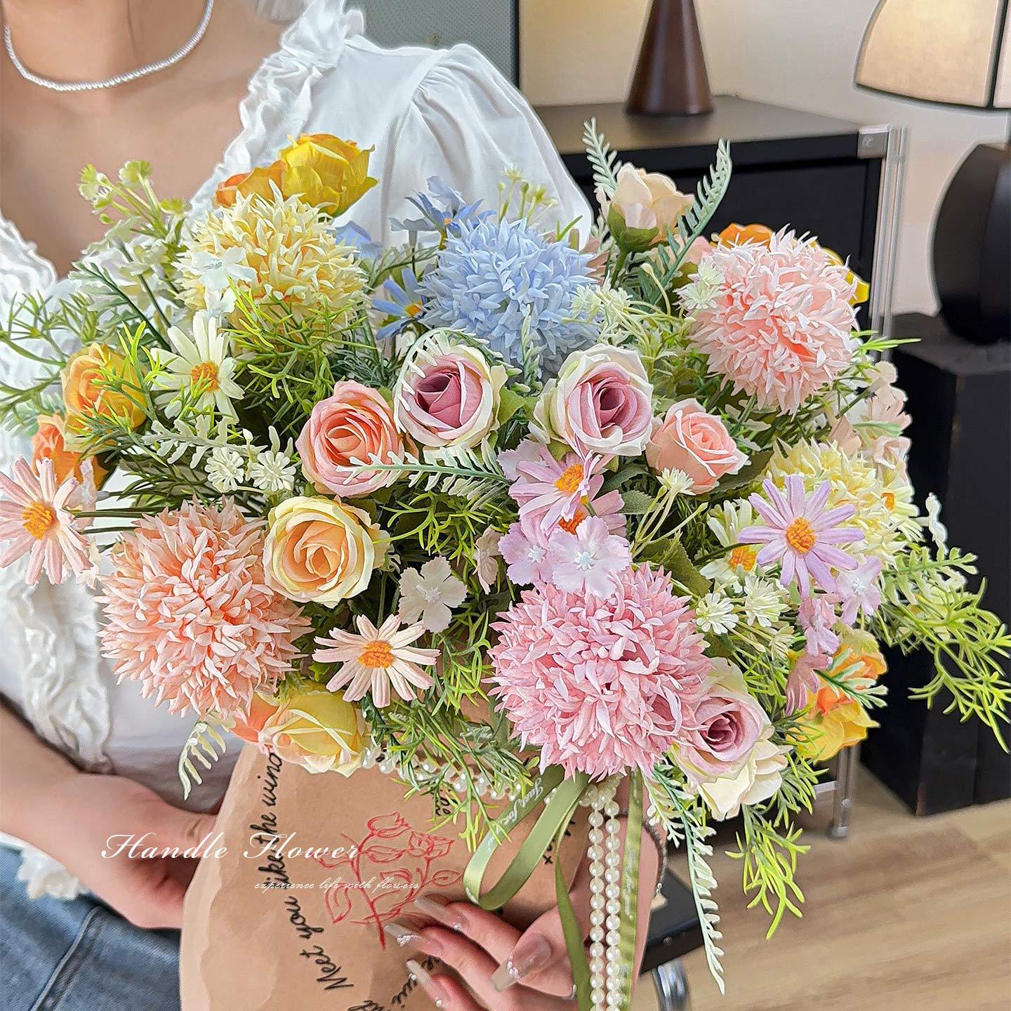 Pastoral Style Brushed Chrysanthemum Rose Artificial Flower Bouquet Wedding Decoration Bionic Bouquet Dried Flower Silk Flower