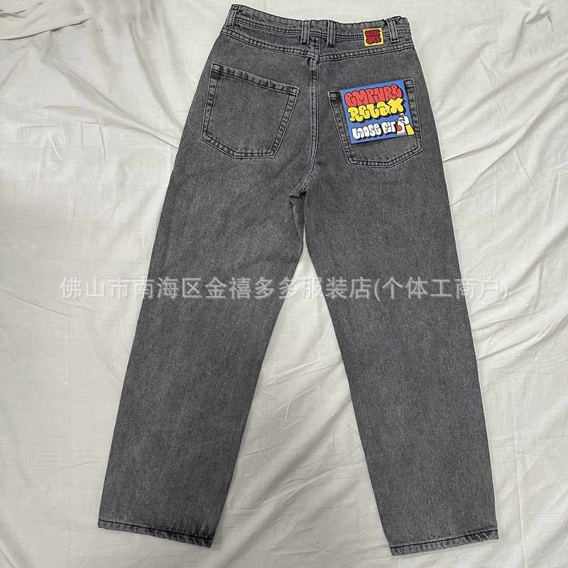 Foreign trade Denim skateboard pants polar washed gray big boy letter embroidery wear-resistant straight star same style