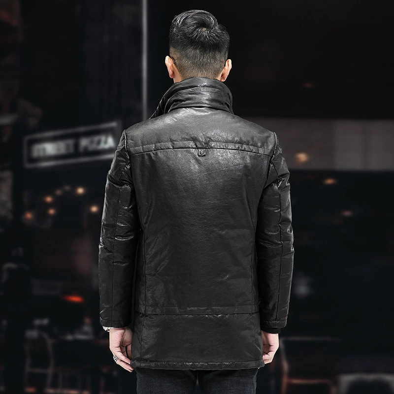 Men's long down jacket, genuine leather outer, thickened insulation, plus sizes (black)