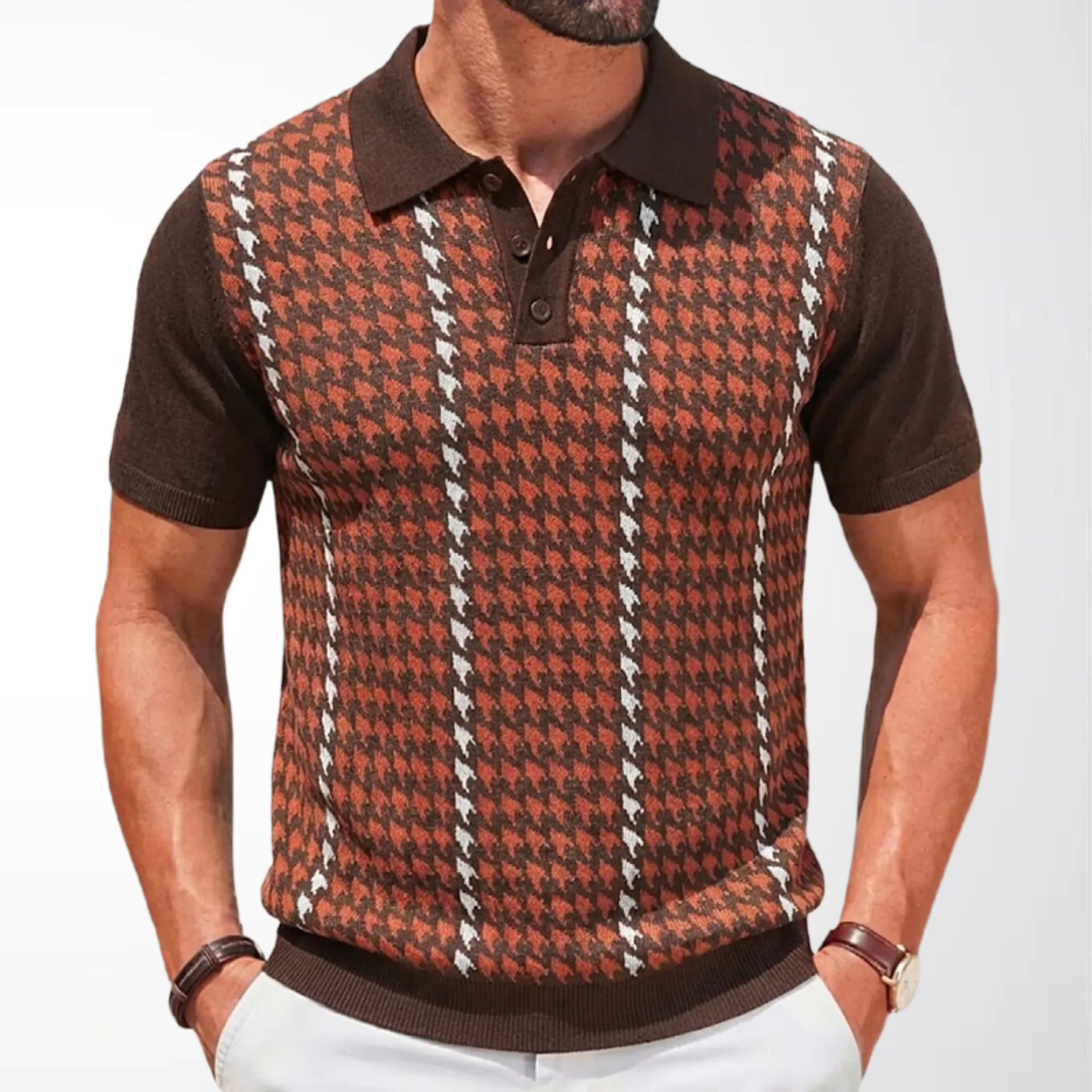 Men's Casual Business Polo Shirt Houndstooth Contrast Jacquard Short-Sleeved Pullover Knitwear European and American Men's Clothing Sy0199