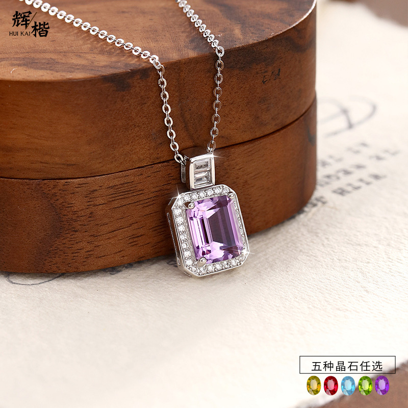 Gem Cross-border Douyin Live S925 Collar de plata esterlina Colgante cuadrado de piedra natural para mujer Cadena de clavícula con sentido de diseño avanzado