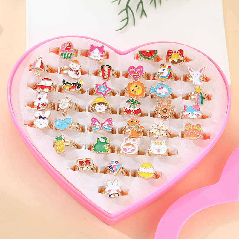 Anillo de aleación de joyería infantil de estilo coreano anillo de dibujos animados lindo para niños lindo hermoso mezclado 36 piezas 1 caja