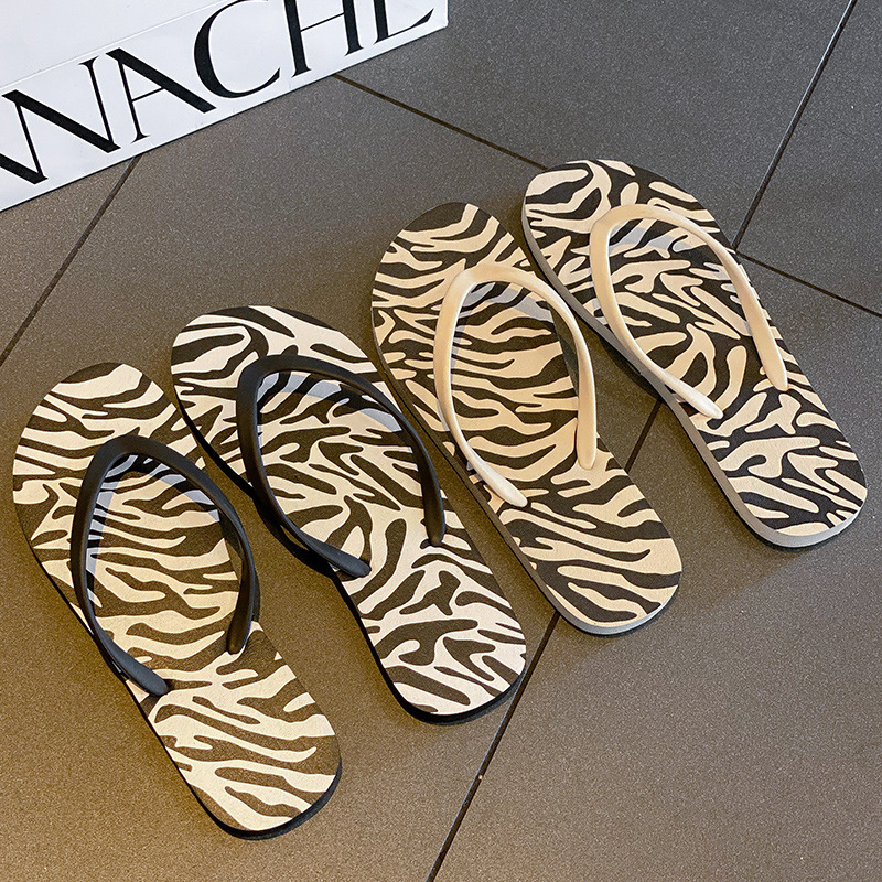 Trendy Fashion Zebra Pattern Women's Summer Non-Slip Outdoor Flat Toe Post Beach Sandals Thin Sole Washable_vogvips.com