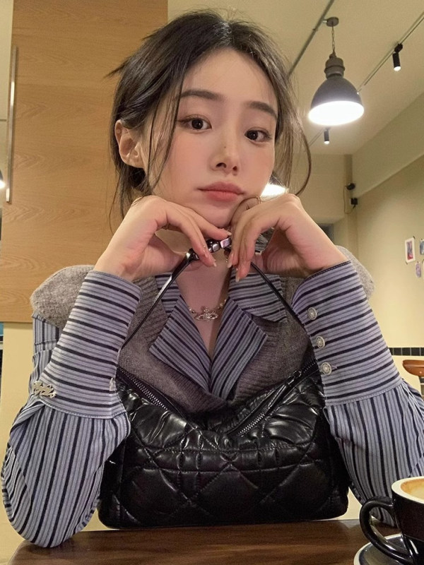 【三件套装】2025秋季学院风长袖条纹衬衫女针织马甲女背心包臀裙|undefined
