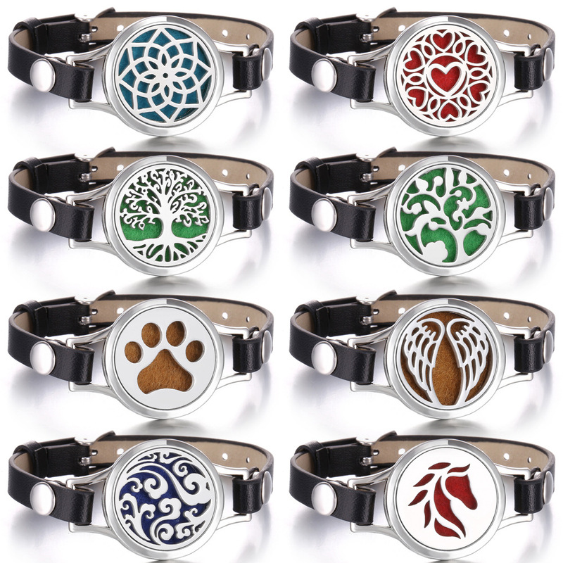 Hot Sale Multi Pattern Aromatherapy Leather Bracelet Stainless Steel Perfume Small Box Bracelet High Quality Couple Wristband Bracelet