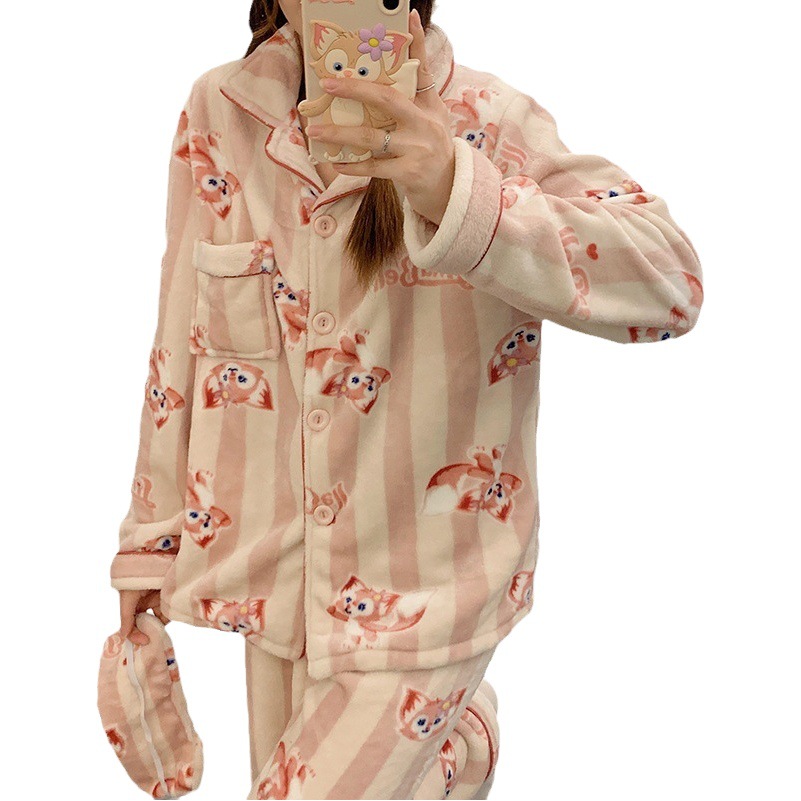 Internet celebridad pijamas de dibujos animados Las Mujeres franela solapa cardigan manga larga Otoño e Invierno máscara engrosada caliente desgaste del hogar traje