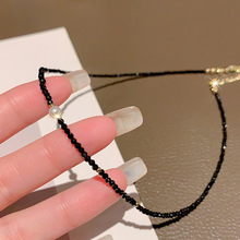 黑色水晶珍珠项链时尚气质高级感锁骨链个性小众设计感项饰女批发