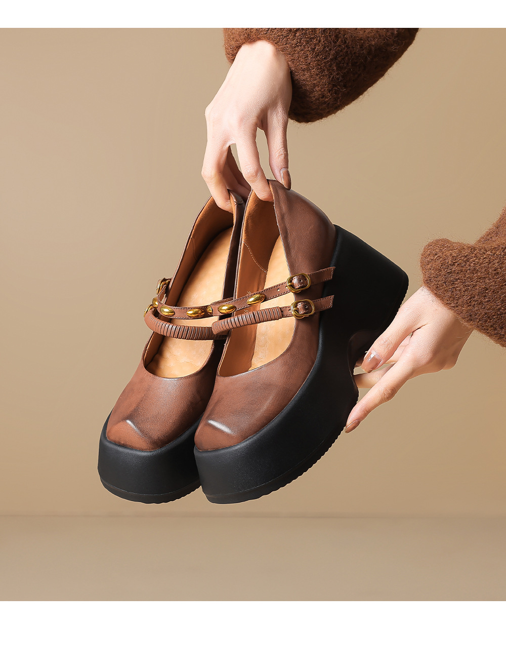 Giày Lolita platform đế xuồng 10 cm phong cách Anh Quốc cổ điển — màu nâu chi tiết 15