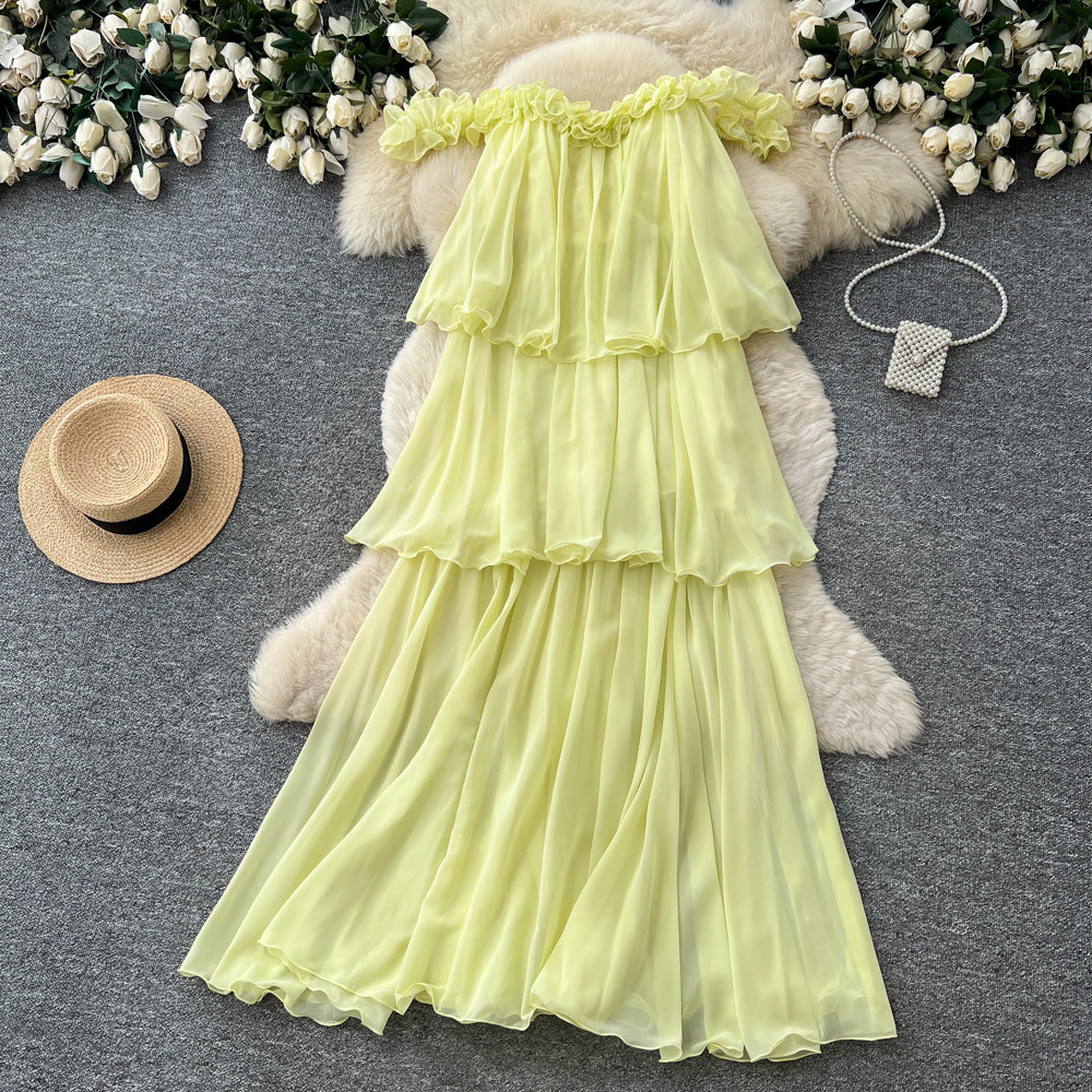 French Style Halter Neck Sleeveless Ruffle Dress Korean Summer High Waisted Cake Skirt Vacation Elegant Long Dress for Women_ecoleips.com