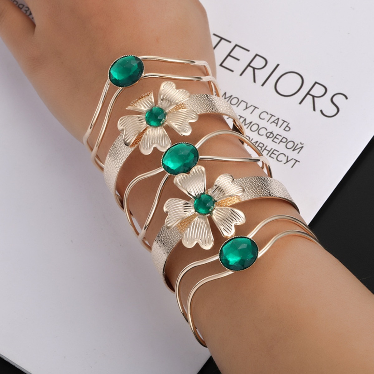 Brazalete de Moda Europea y Americana, Brazalete de Metal Exagerado, Anillo Abierto con Flores para Mujer, Joyería, Accesorios Populares