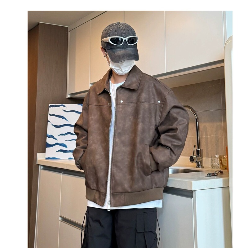 Little Man Wearing Maillard Brown Leather Coat Men's Autumn and Winter Aviator Short Lapel Jacket Trendy Little Man Wearing Maillard Brown Leather Coat Men's Autumn and Winter Aviator Short Lapel Jacket Trendy