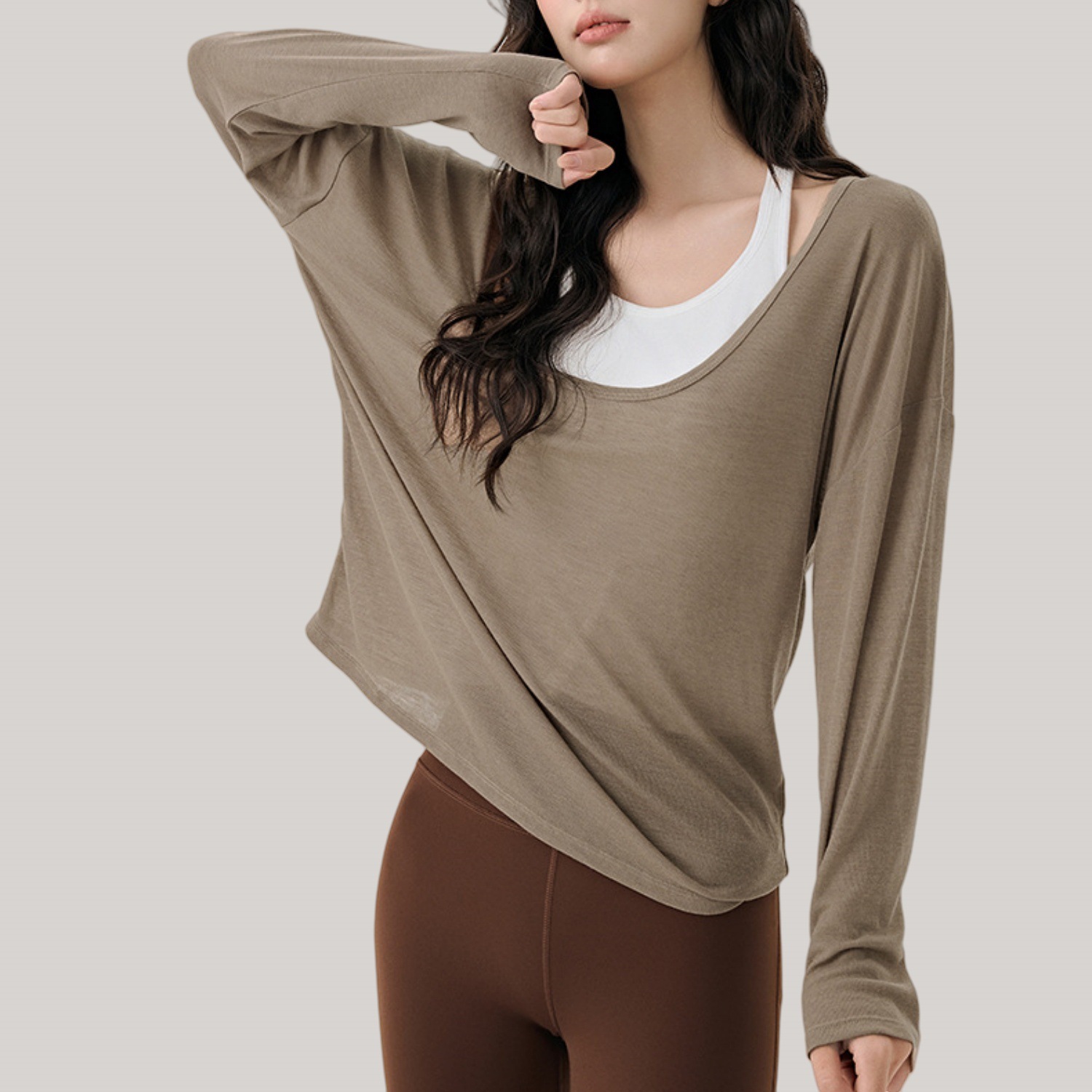 Latte Girl Sports Top Yoga Wear Long-Sleeved T-Shirt Fitness Wear Running Outer Wear Slimming Look Blouse Thin Nude Feel