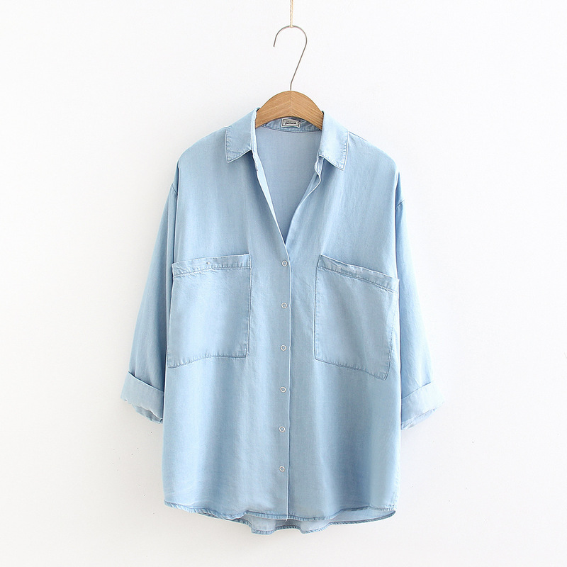 Summer New Tencel Denim Shirt Women's Korean-style Loose Mid-sleeve Double Pocket All-match Large Size Shirt Summer New Tencel Denim Shirt Women's Korean-style Loose Mid-sleeve Double Pocket All-match Large Size Shirt
