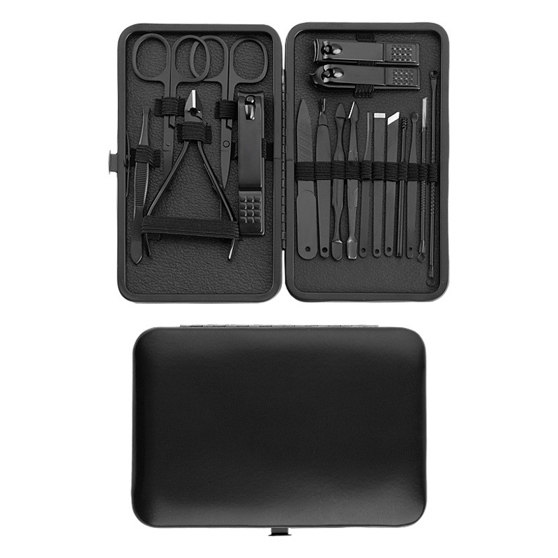 Acero inoxidable negro cortaúñas conjunto completo de 18 piezas cortaúñas traje acné aguja pedicura cuchillo belleza alicates manicura herramientas