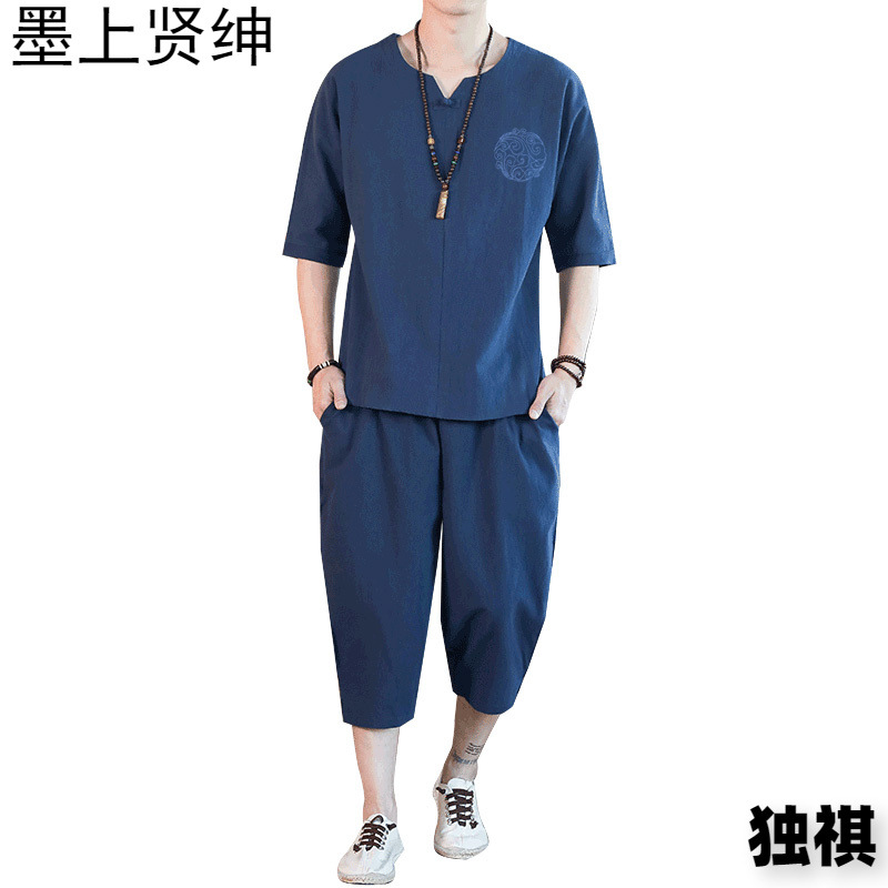 Pantalones casuales de lino, pantalones harem sueltos para hombres, pantalones cortos de manga corta de algodón y lino de estilo chino, pantalones cortos, traje de dos piezas para hombres