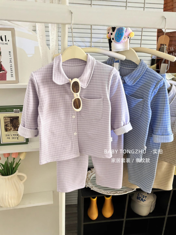 2025秋冬儿童睡衣套装韩版女童简约格子家居服男童翻领开衫两件套|undefined