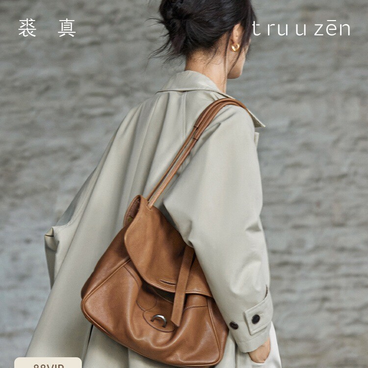裘真植鞣牛皮包包小众复古斜挎托特包通勤大容量真皮001邮差包女|undefined