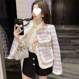 千鸟格水貂毛外套女秋冬季新款小香风紫罗兰名媛加厚夹棉毛呢棉服