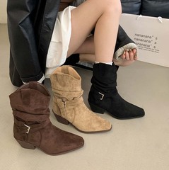 牛皮版~复古风绒面口西部牛仔靴女高跟尖头中筒靴皮带扣堆堆靴