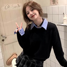 假两件可拆卸衬衫领毛衣女冬季小个子黑色慵懒高级感针织衫上衣厚