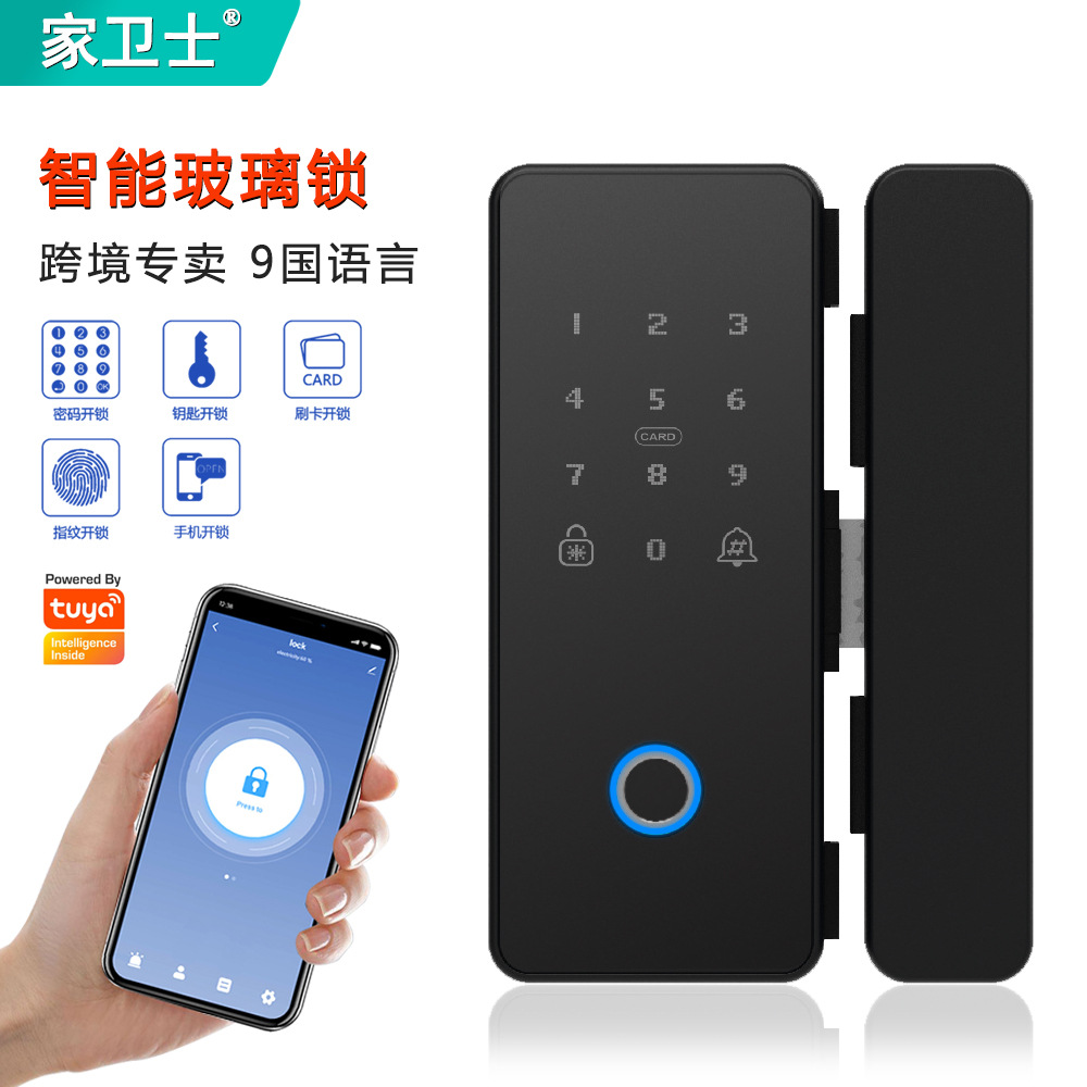 跨境9国语言玻璃锁涂鸦蓝牙办公室玻璃门指纹锁木门玻璃锁双开门