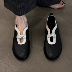 羊皮版~小众拼色一脚蹬平底鞋女2025真皮配裙子拼色软底芭蕾单鞋