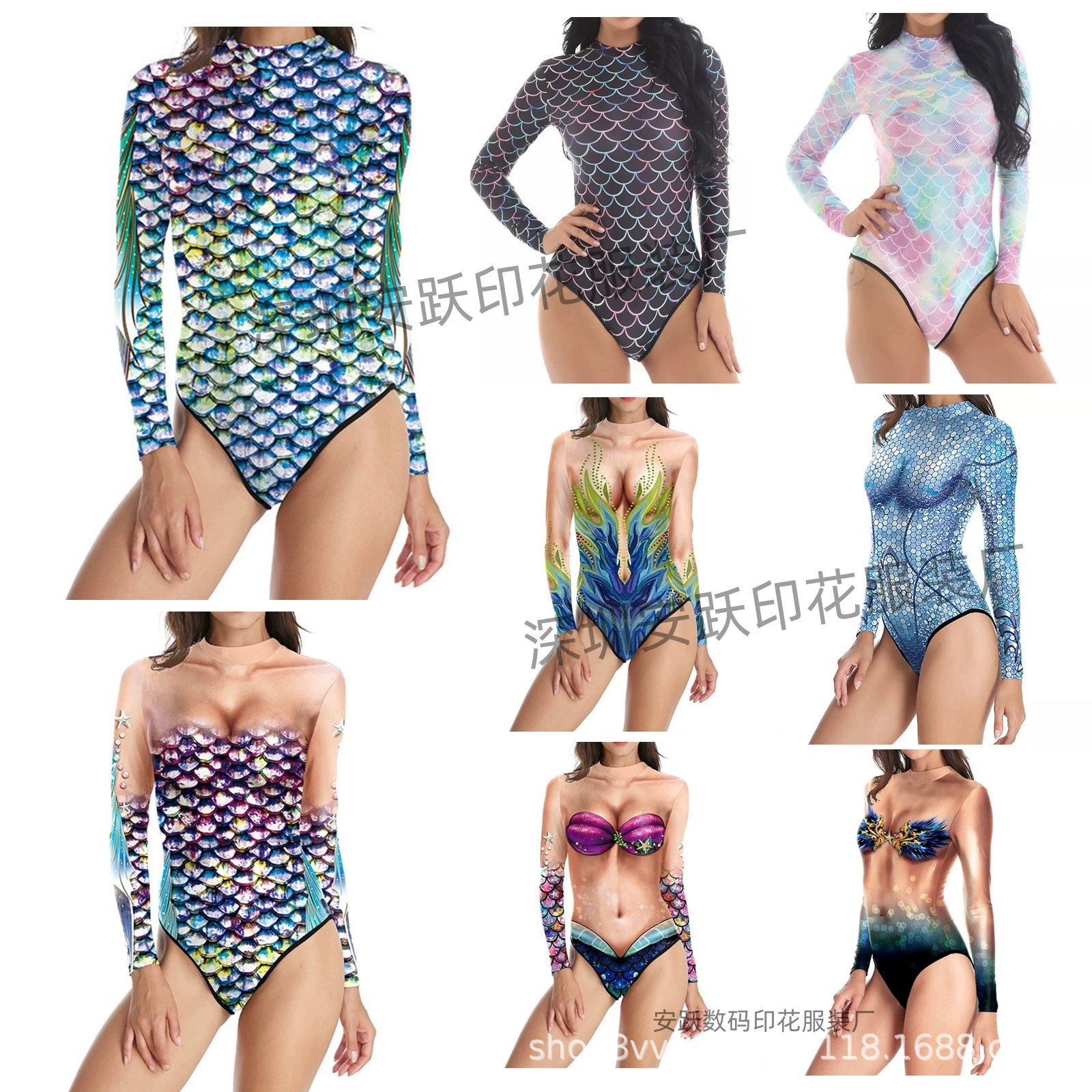 Новый 2023 европейский и американский внешняя торговля сексуальный комбинезон горячий источник пляжная молния с длинным рукавом принтом купальник женский