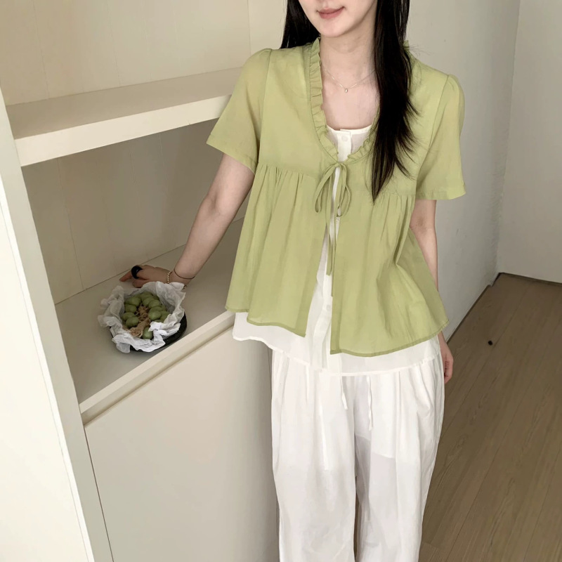 26 Summer Women's New V-Neck Tie Shirt Cardigan Short Sleeve Ruffle Fake Two-Piece Loose Slimming T-Shirt