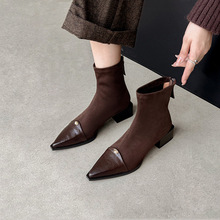 2025新款法式气质尖头短靴女真皮靴子粗跟中跟弹力短筒女靴瘦瘦靴