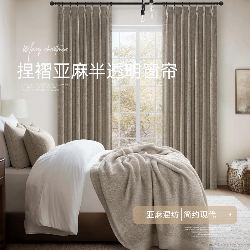 Pleated Linen Curtains for Living Room Bedroom Glass Door Sheer Window Curtain Decorative Light Filtering Bohemian Window Drapes