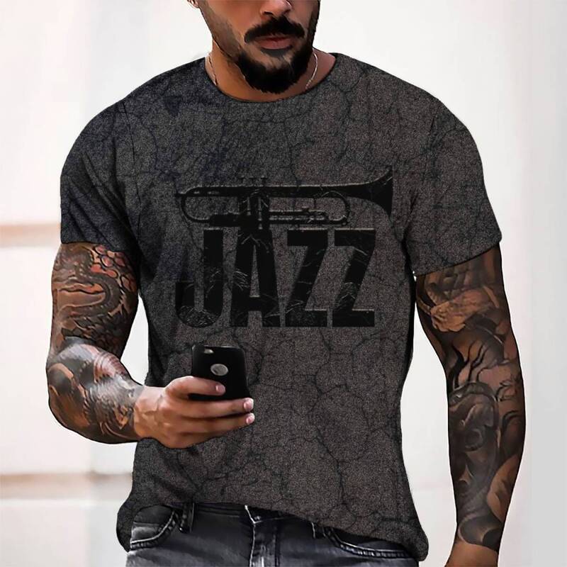 2023etsy cross border new summer 3D digital printing jazz music men's casual loose short sleeve T-shirt