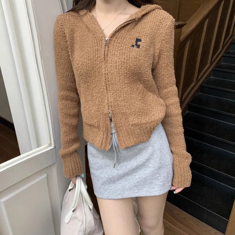 Korean Niche Rr Teddy Velvet Double Zipper Knitted Cardigan Hooded Cardigan Jacket with a Lazy Style and Short Style