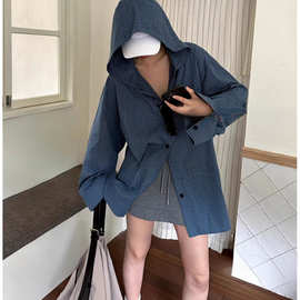韩系秋季慵懒风纯棉格连帽衬衫外套女宽松休闲百搭设计感显瘦