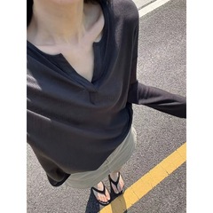 现货2025秋季新款韩版宽松简约纯色V领显瘦长袖外搭罩衫T恤上衣女
