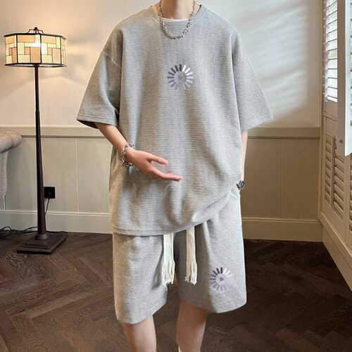 Men's Summer Simple Set Trend Brand Youth Honeycomb Short Sleeve T-Shirt and Five-Finger Shorts Casual Sports Set Foreign Trade