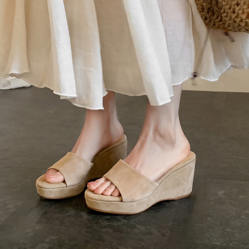 Sandal cao gót nữ hở mũi quai ngang đế xuồng platform — màu nâu, màu đen, màu mơ